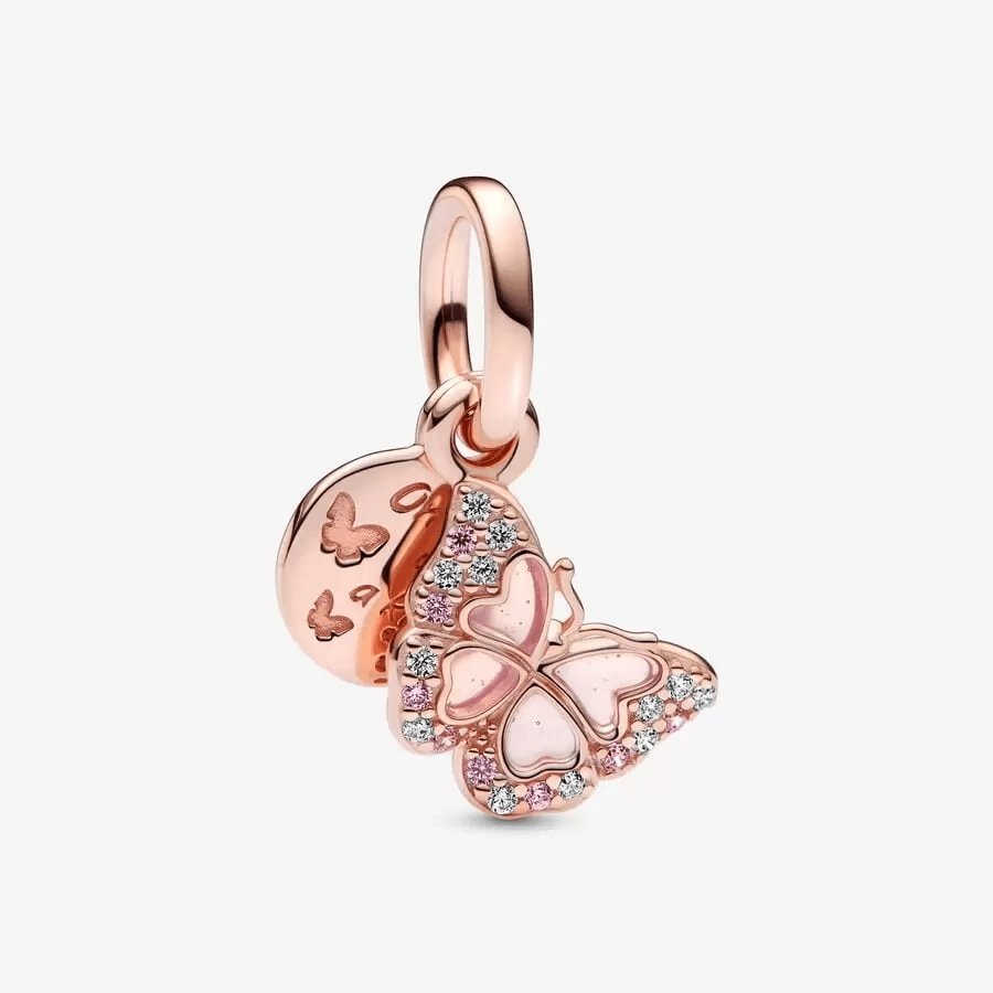 PANDORA  Pink Butterfly & Quote Double Dangle Charm