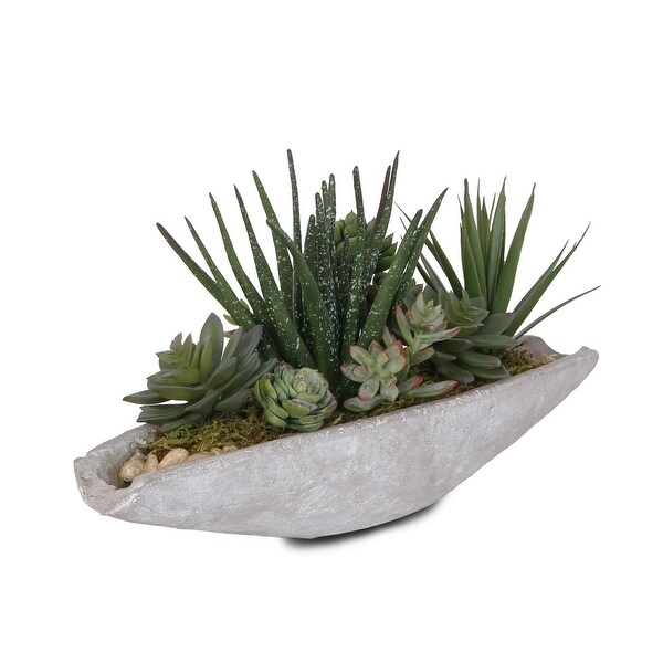 Artificial Succulents Arrangement in Boat Shape Stone Wash Cement Pot