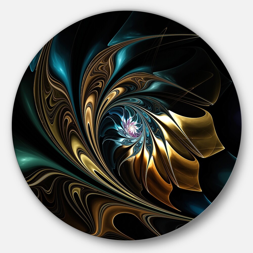 Designart 'Brown Blue Fractal Flower in Black' Abstract Large Disc Metal Wall art