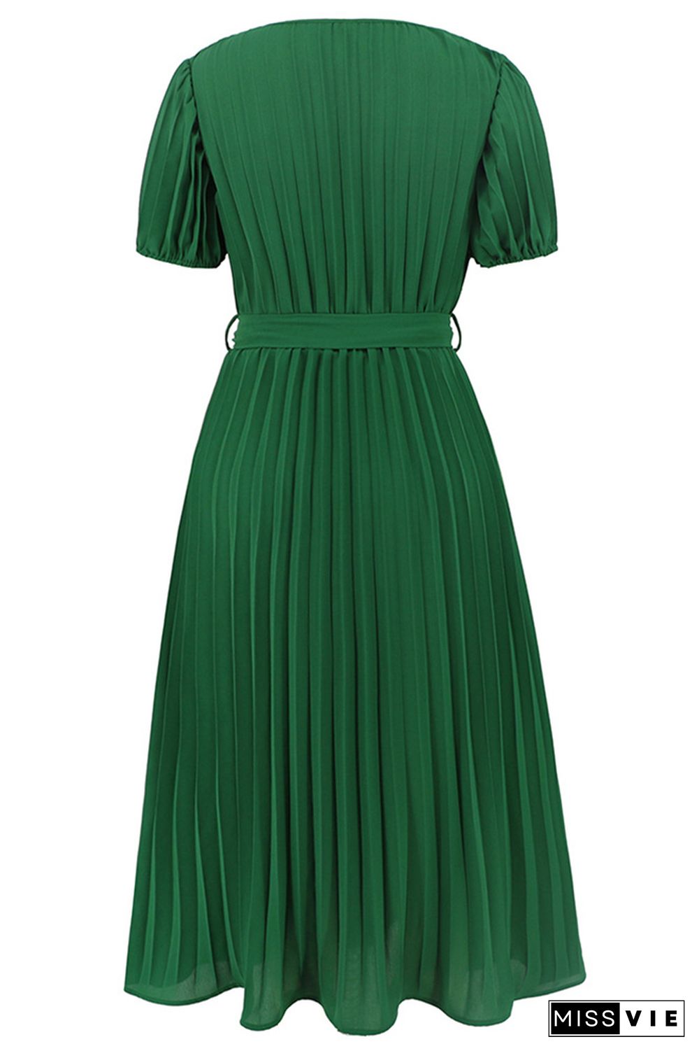 Plain Wrap V Neck Pleated Midi Dress With Sash