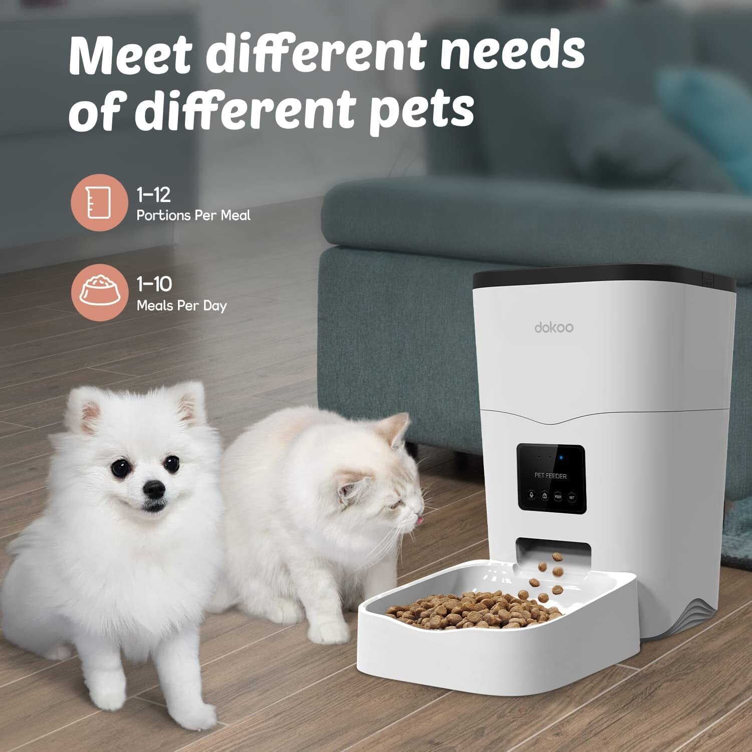 Dokoo Automatic Cat Feeder，App Control，Wi-Fi Enabled Smart 3L Clog-Free Auto Dog Food Dispenser with Portions and Control 1-10 Meals per Day，10S Voice Recorder Pet Timer Feeder for Cat and Dogs