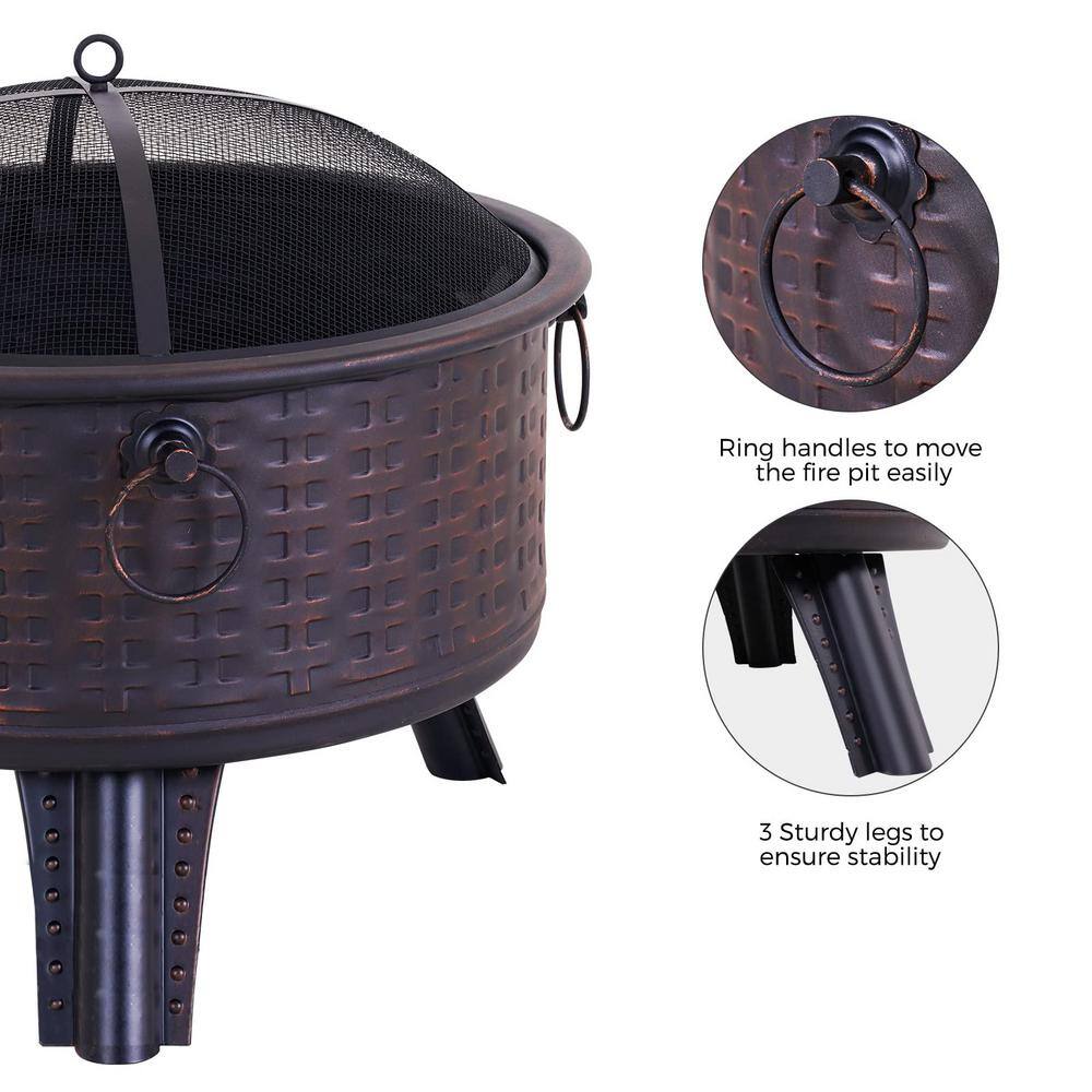 Wildaven 26 in. x 23 in. Outdoor Round Wood Burning Fire Pit with Wire Mesh Cover and Poker ZYHWKN220621003