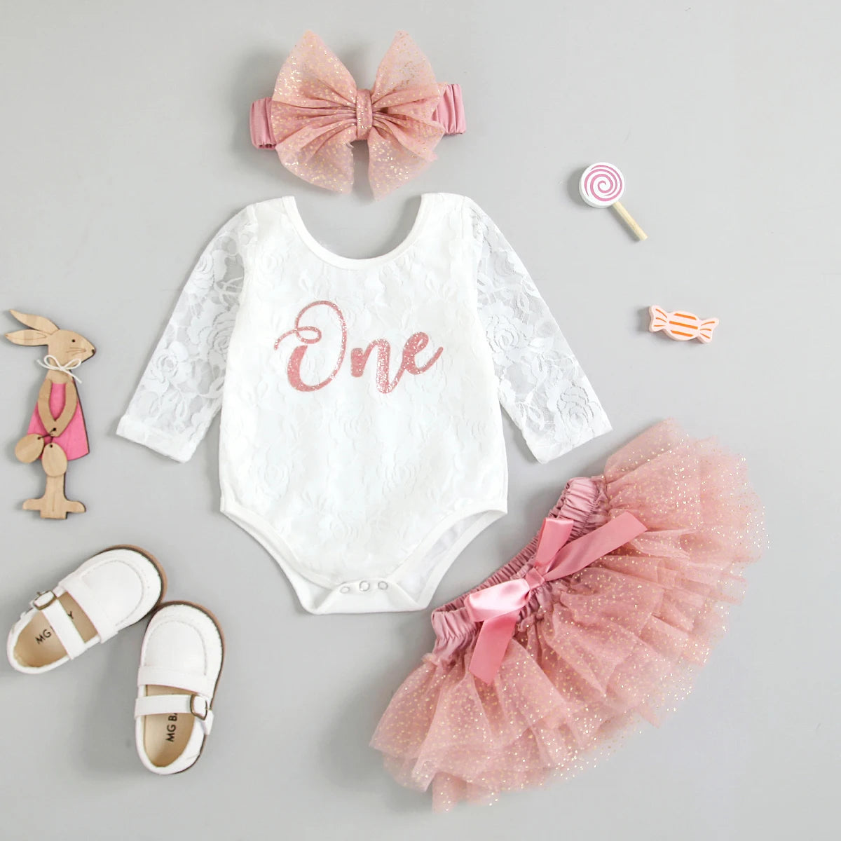 Newborn Baby Girls My First Birthday Outfits Cute Long Sleeve Floral Lace Romper Tutu Skirt Headband Children's Clothing Set