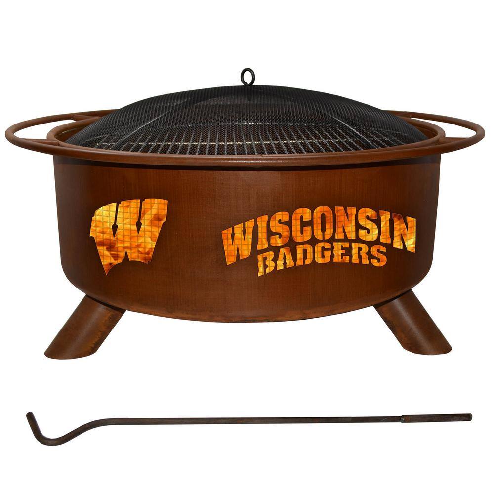 Wisconsin 29 in. x 18 in. Round Steel Wood Burning Fire Pit in Rust with Grill Poker Spark Screen and Cover F217