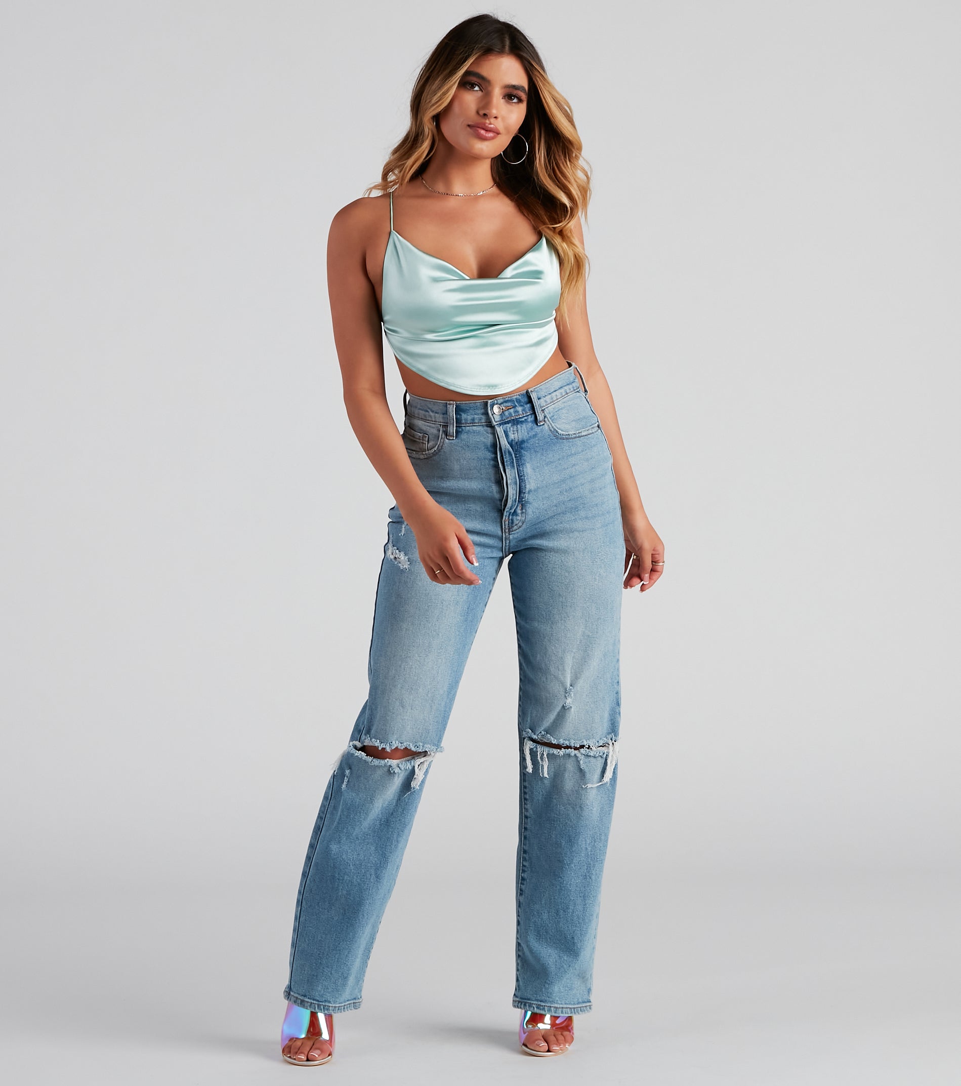 Satin Cowl Neck Strappy Crop Top