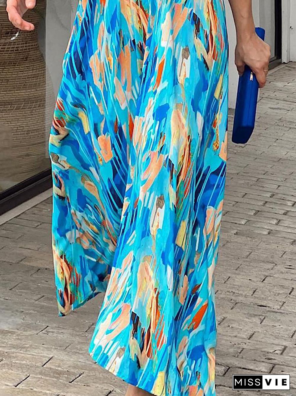 Loose Short Sleeves Multi-Colored Printed V-Neck Maxi Dresses