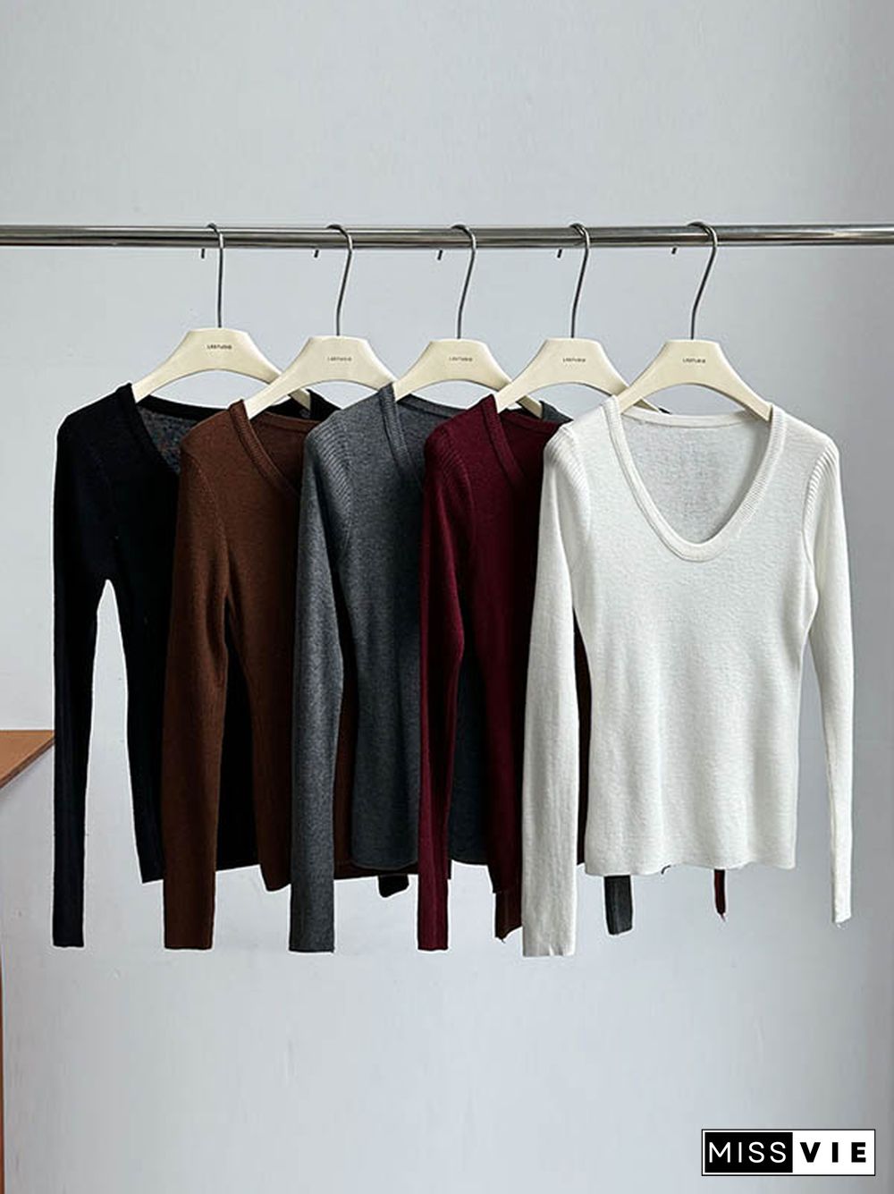 Long Sleeves Skinny Solid Color Split-Joint U-Neck T-Shirts