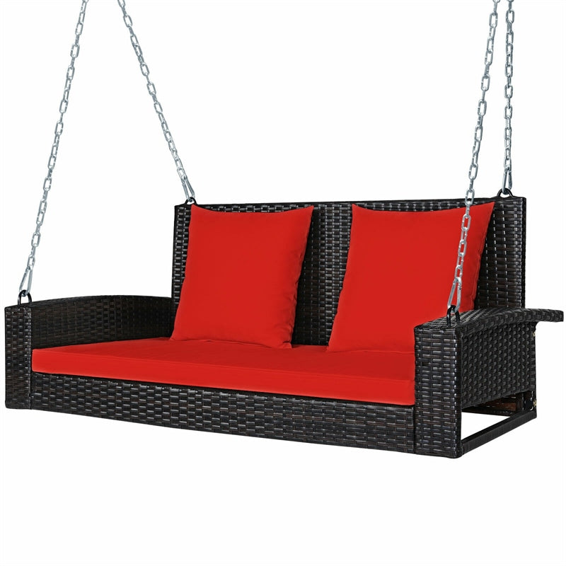 2-Person Outdoor Wicker Hanging Porch Swing Bench with Seat & Back Cushions