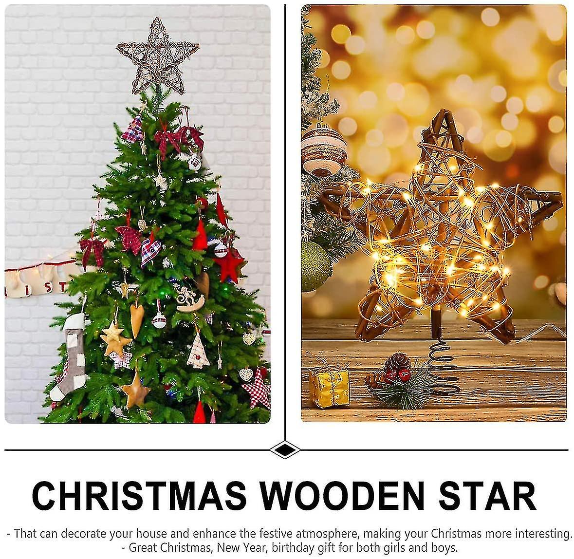 Christmas Star Tree Topper With 30 Led Warm White Copper Lights， Vintage Rattan Natural Christmas De