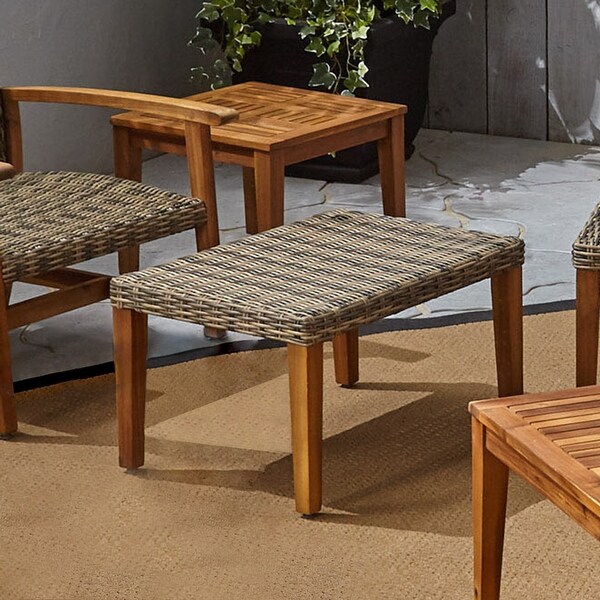 Hampton Outdoor Transitional Wicker and Acacia Wood Ottoman by Christopher Knight Home