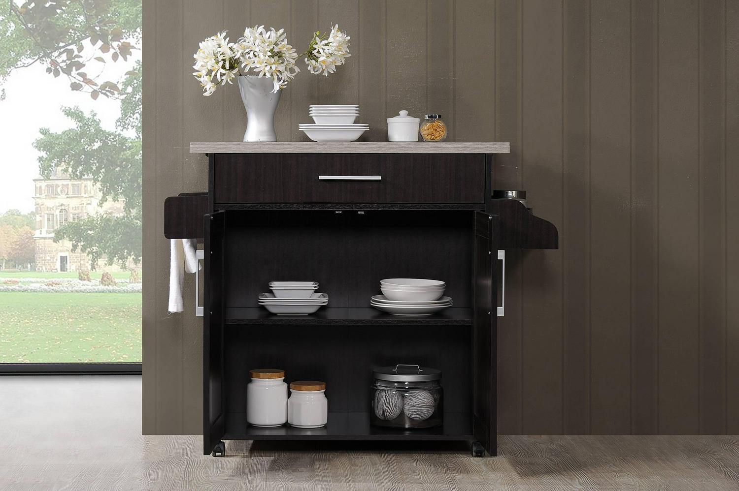 Hodedah Kitchen Cart with Spice Rack plus Towel Holder， Chocolate  Grey