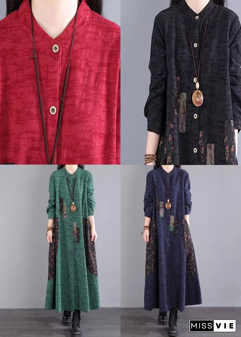 Red Print Pockets Patchwork Casual Cotton Long Dress Button Fall