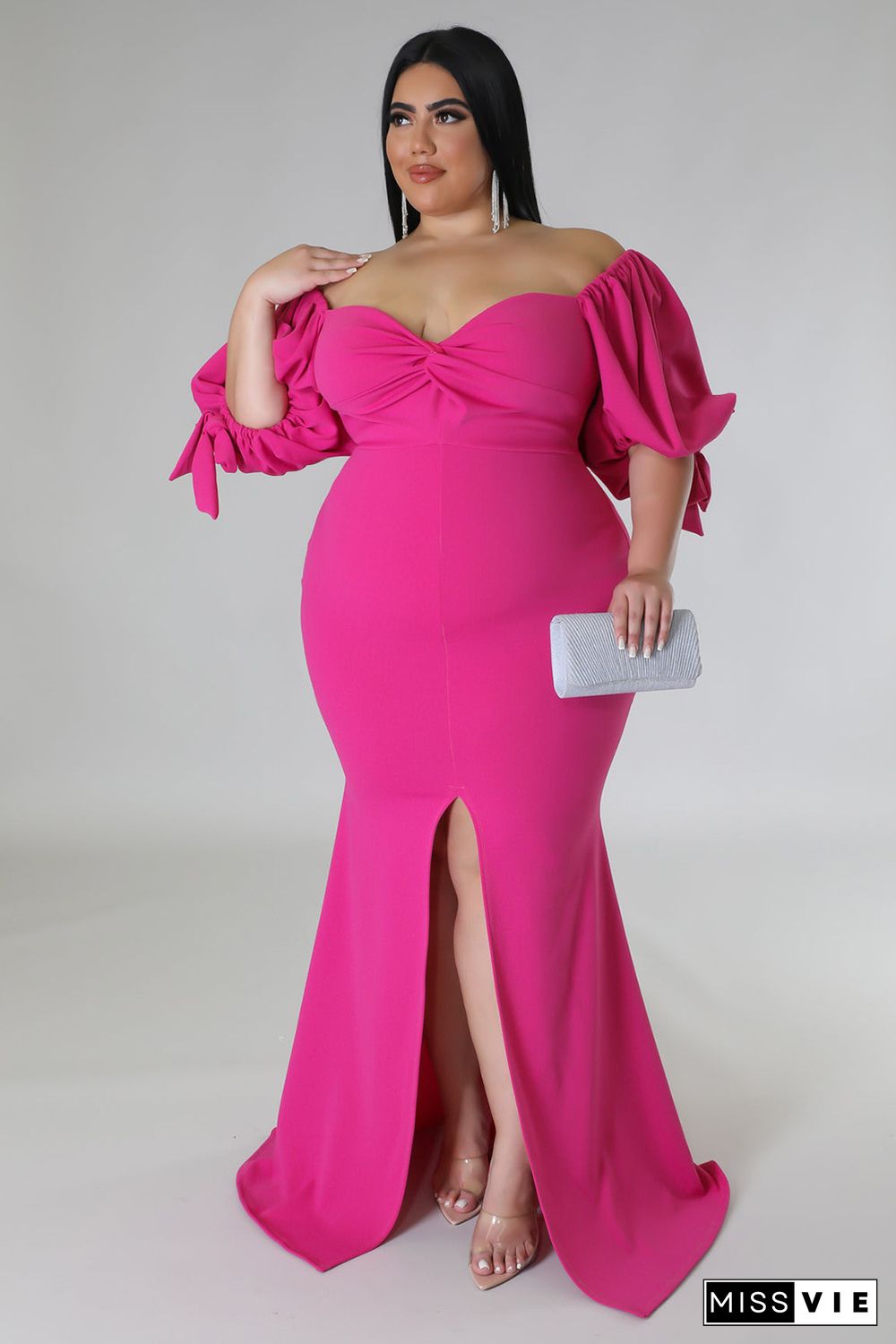 Rose Bow Tie Puff Sleeve Plus Size High Slit Maxi Dress