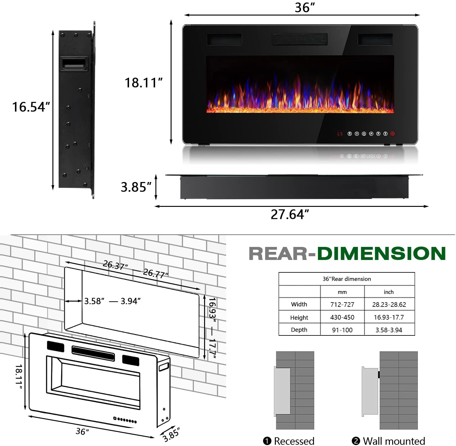 Waleaf 36 inch Ultra-Thin Silence Linear Electric Fireplace Inserts, Recessed Wall Mounted Fireplace, Fit for 2 x 4 and 2 x 6 Stud, Adjustable Flame Color & Speed,Touch Screen Remote Control 8h Timer