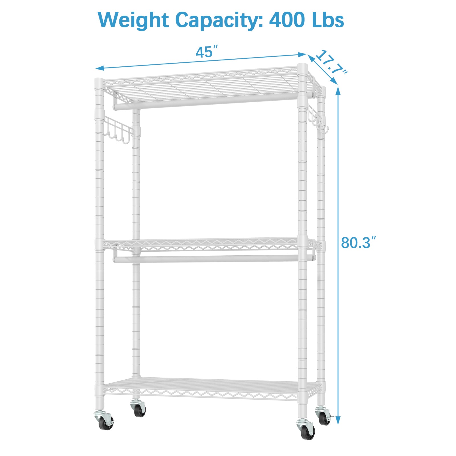 VIPEK V12 Metal Rolling Garment Rack 3 Tiers Heavy Duty Clothes Rack W/ Lockable Wheels Rods Hooks White