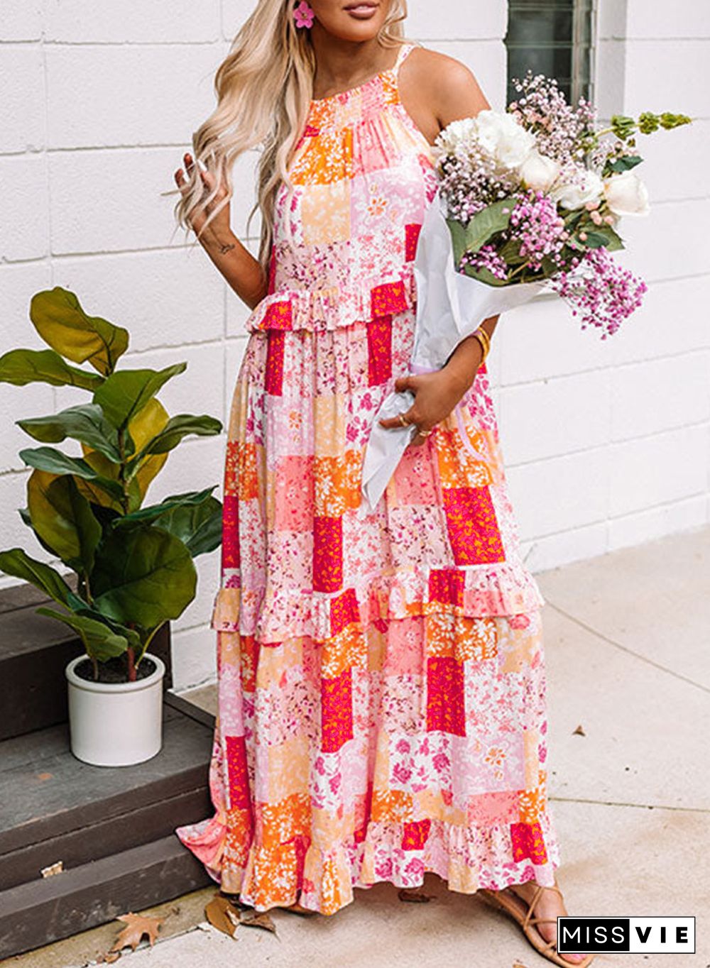 Multicolor Boho Geometric Floral Print Sleeveless Maxi Dress