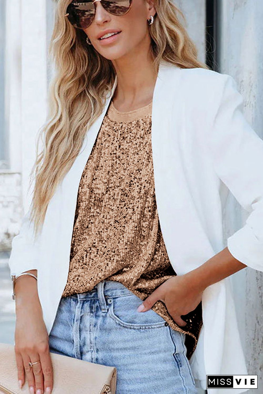 Apricot Sequin Round Neck Tank Top