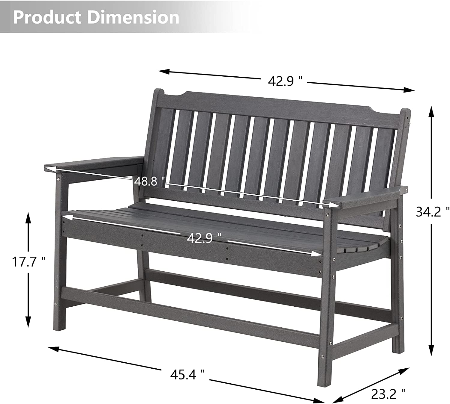 Erommy 49" Patio Outdoor HDPE Garden Bench with Armrests, Weatherproof Porch Bench with Stable Back for Lawn, Grey