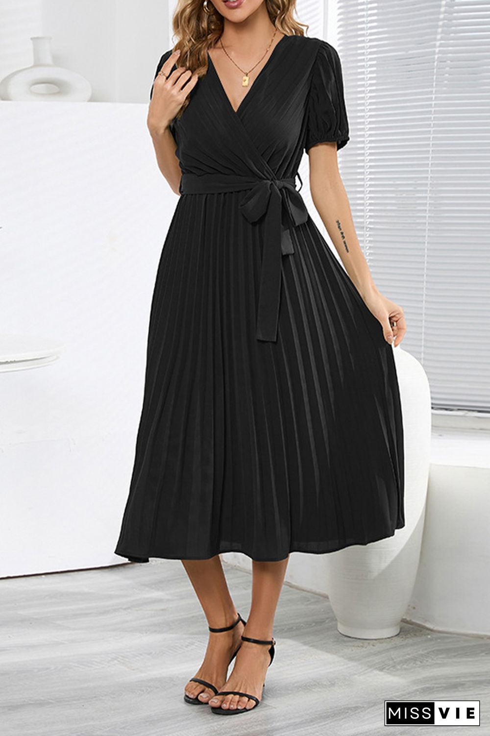 Plain Wrap V Neck Pleated Midi Dress With Sash