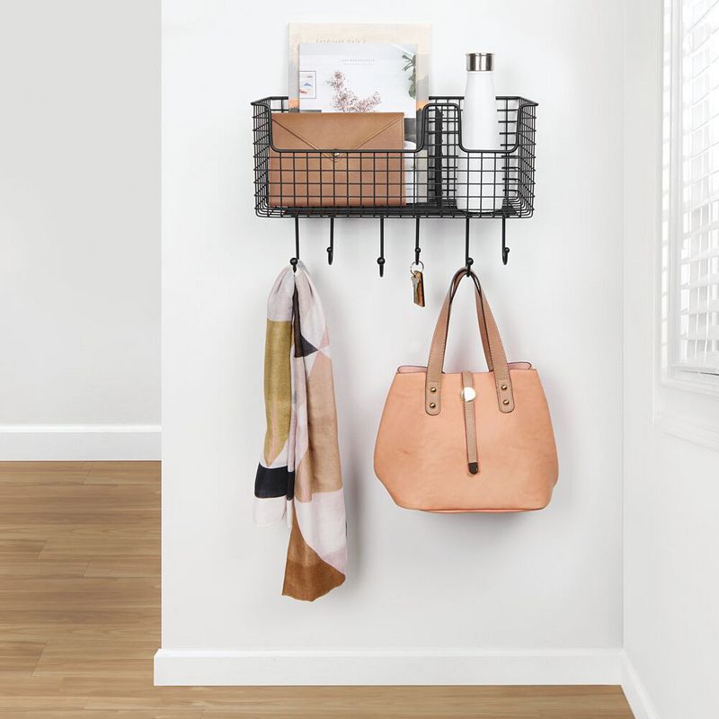 mDesign Metal Storage Organizer Basket with 6 Hooks - Wall Mount