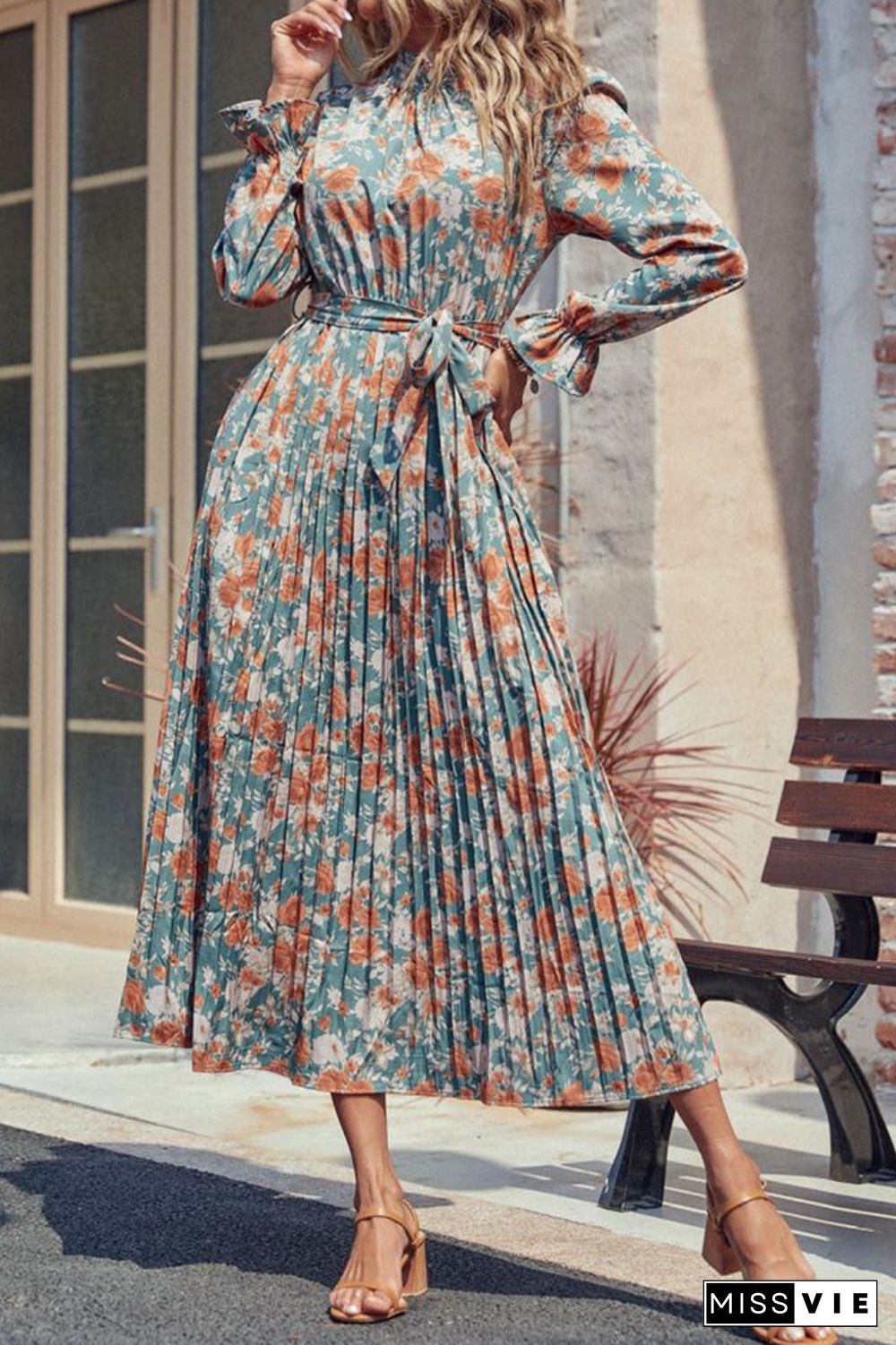 Floral Print Frilled High Waist with Belt Long Sleeves Dress