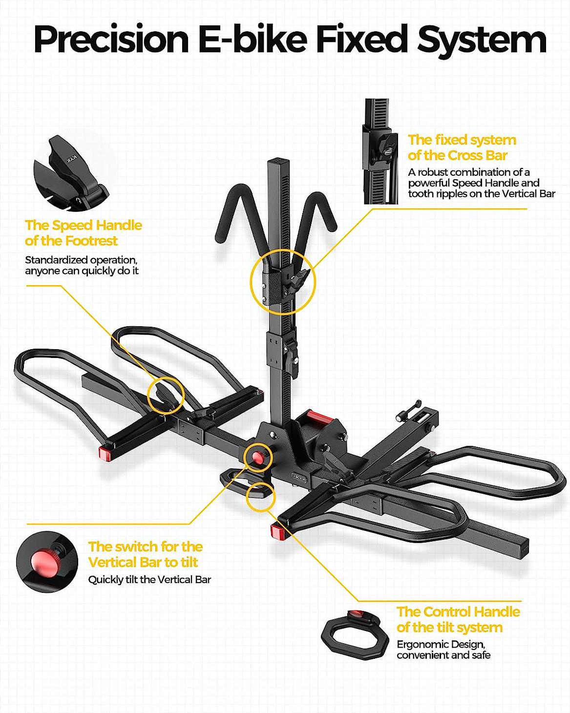 2 Hitch Mounted E-Bike Rack, Carries 2 Bikes up to 90 lbs Each for Standard, Fat Tire, Electric Bicycles-Heavy Duty, Foldable and Tilting Ebike Rack for Car, Truck, SUV, Easy to Install