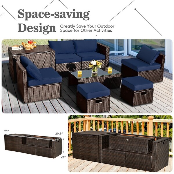 Costway 8PCS Patio Rattan Furniture Set SpaceSaving Storage Cushion