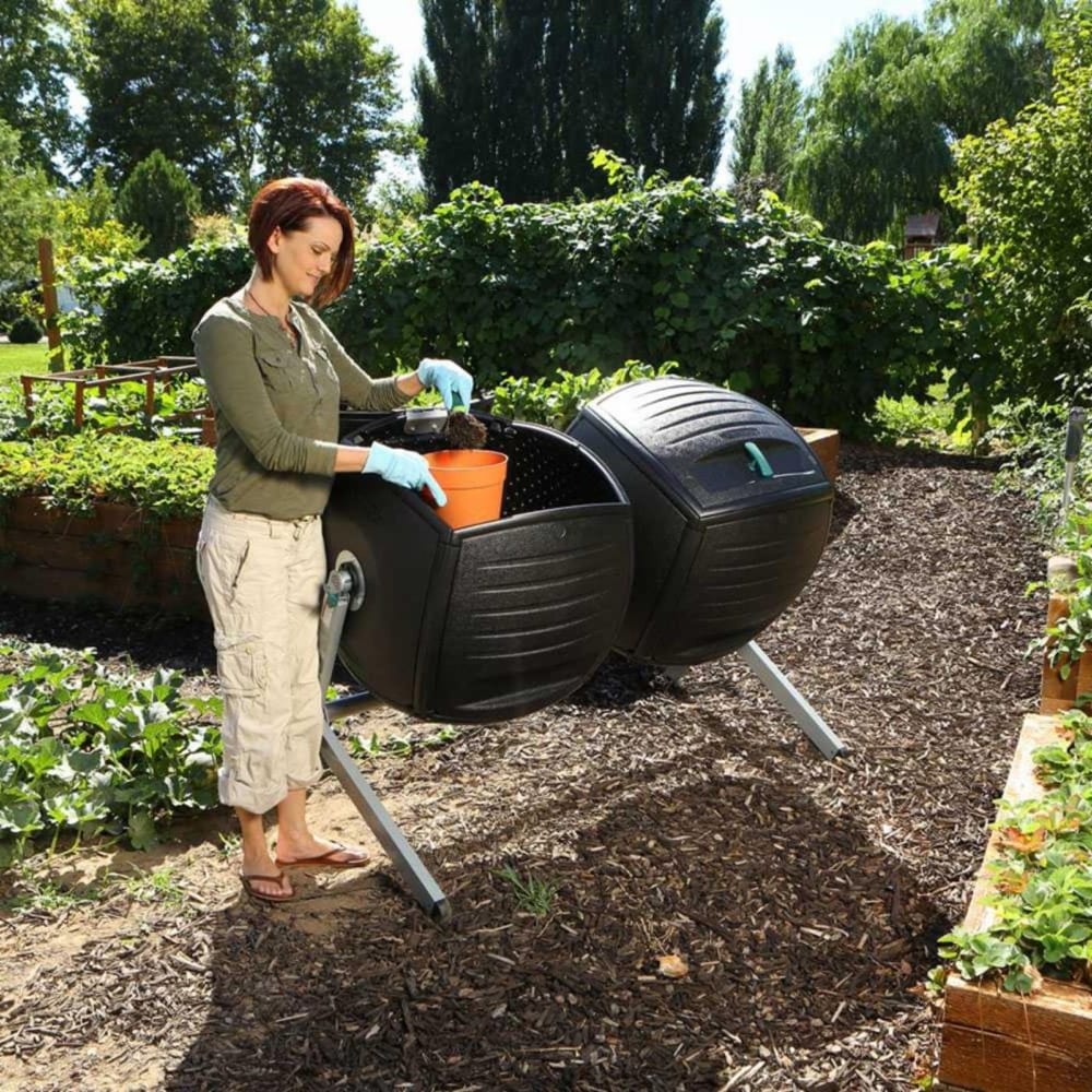 Set of Two 50 Gallon Compost Bin Tumbler Double Rotating Composter   31.25 L x 58.13 W x 43.75 H in.