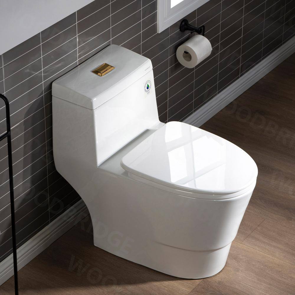 WOODBRIDGE Everette 1-piece 1.11.6 GPF Dual Flush Elongated Toilet in White with Seat Included and Brushed Gold Flush Button HB0940-BG