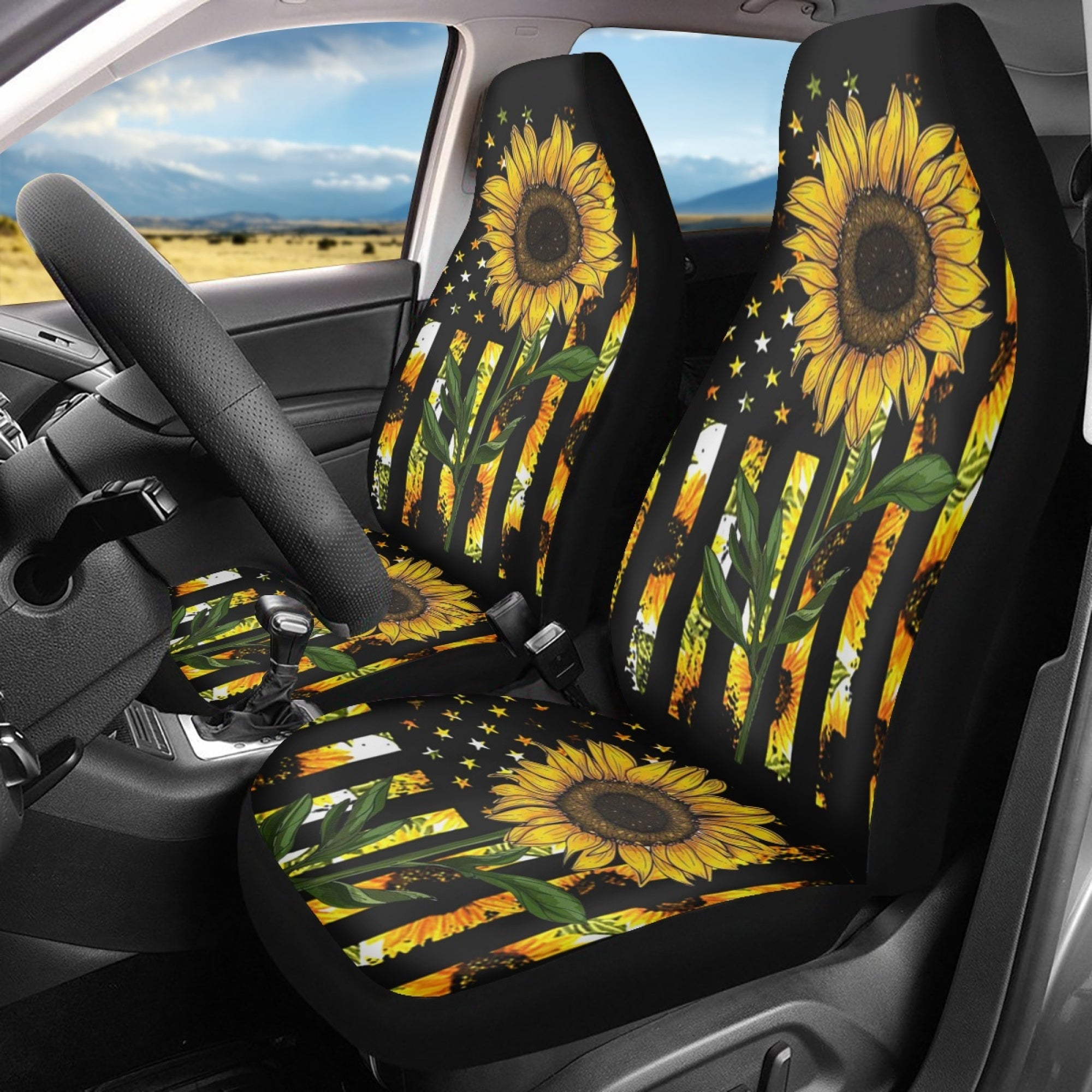 NETILGEN USA Camo Sunflower Flag Car Covers Set Wear-Resistant Seat Cushion Cover 2 Pack Kit Wear-Resistant Car Seat Covers Fit Most SUV Van Automobile