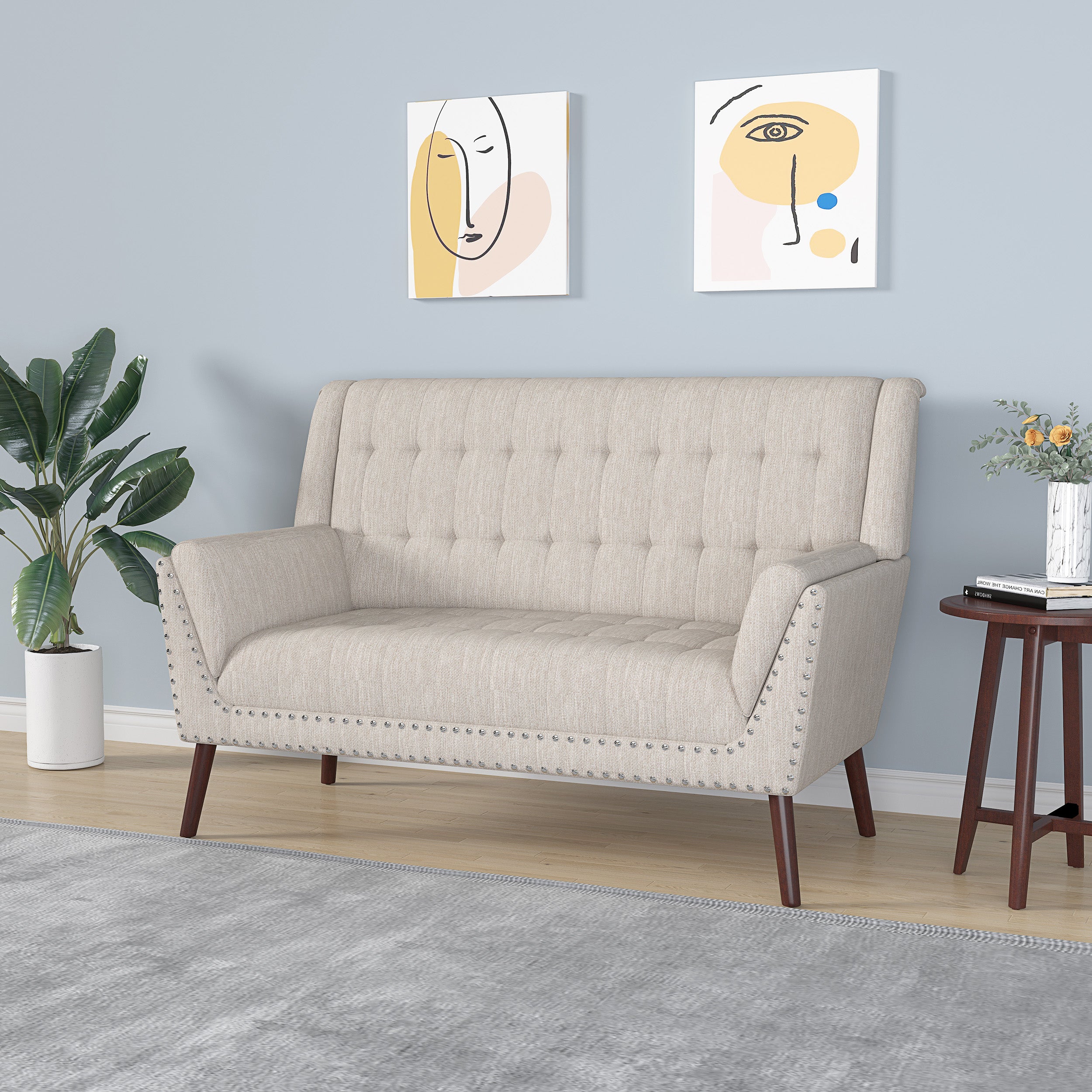 Marla Mid-Century Modern High Back Fabric Settee with Nailhead Trim