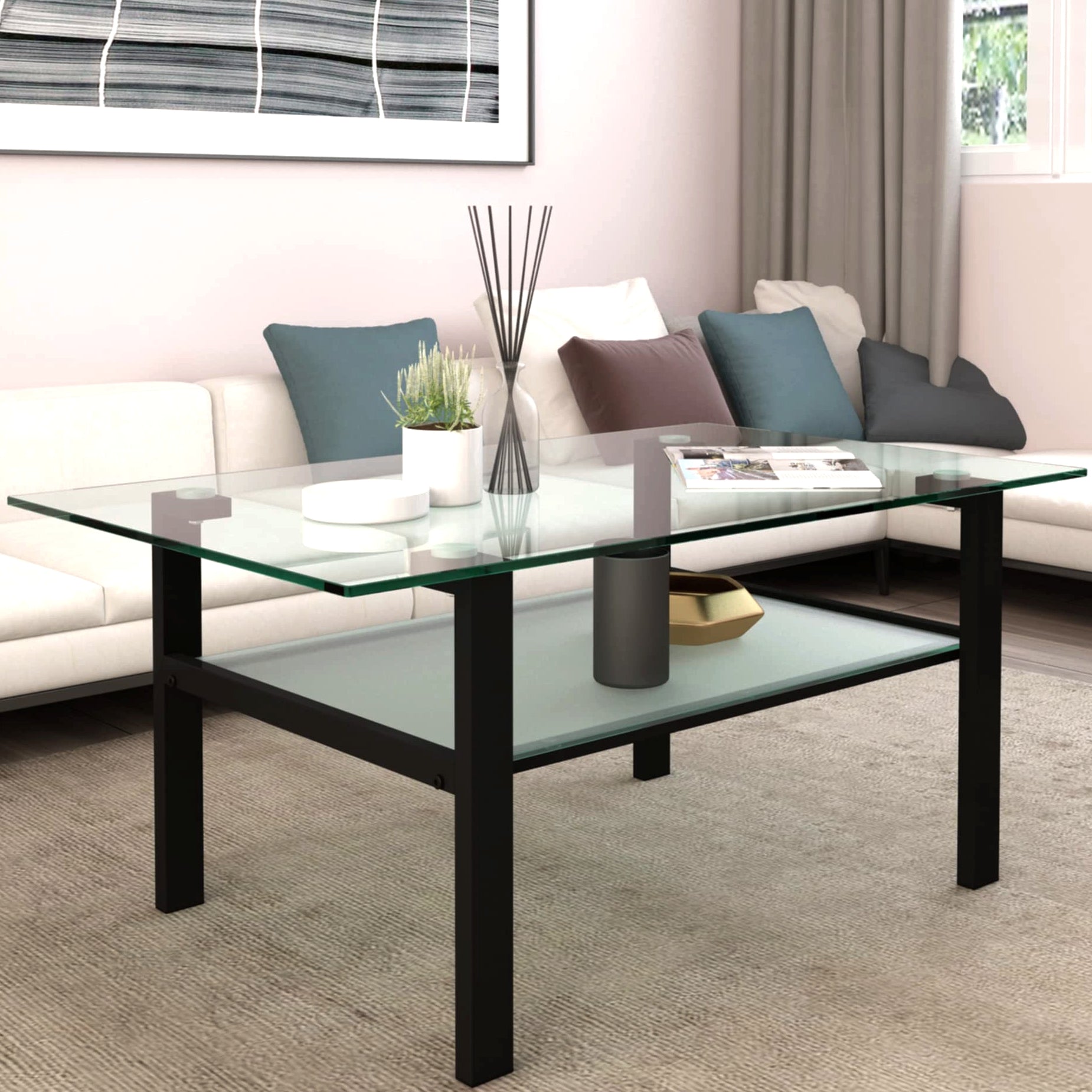 LAUSATEK 2-Tier Glass Coffee Table Modern Center Coffee Table with Tempered Glass Tabletop and Metal Legs for Living Room Home, Max Load 220Lbs