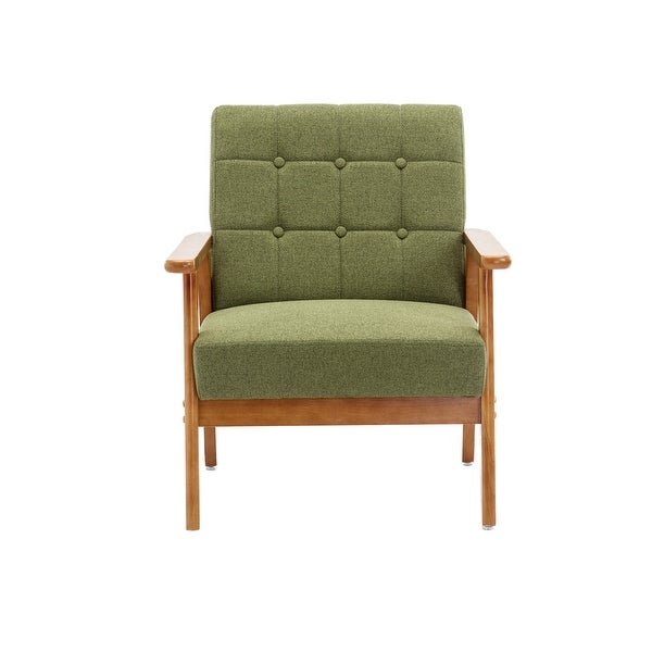 Modern Solid Wood Armrest Accent Chair， Mid-Century Linen Upholstered Button Lounge Chairs， for Livingroom Chair， Green