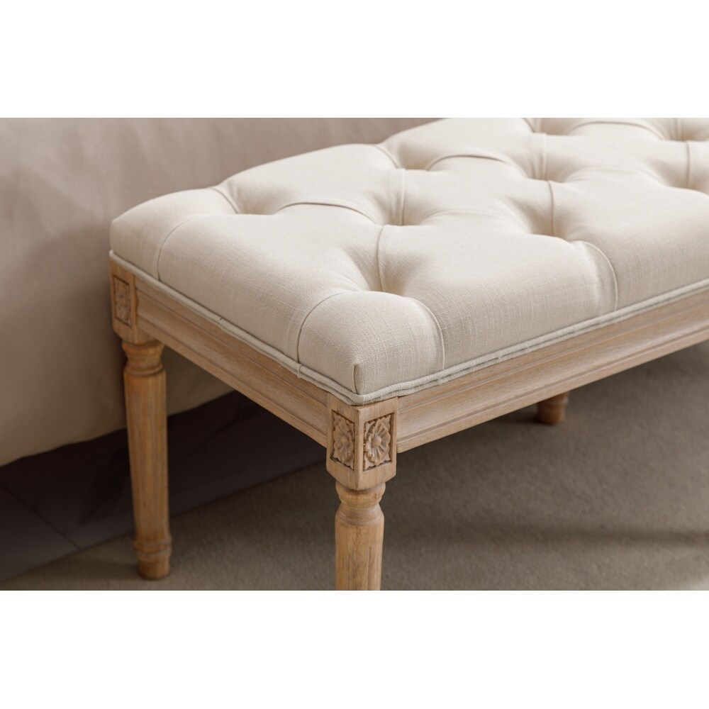 Modern Beige Tufted Upholstered Ottoman Bench  Velvet Dining Bench Footrest Stool Accent Bench for Bedroom   Entryway