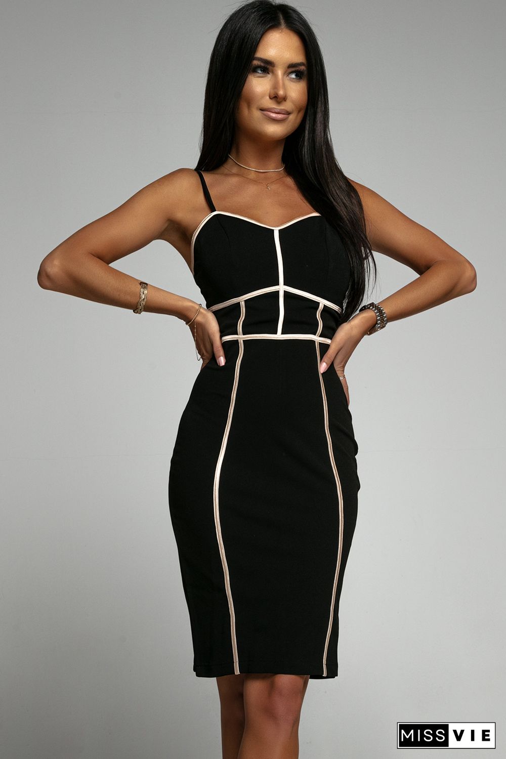 Black Color Block Spaghetti Straps Bodycon Dress