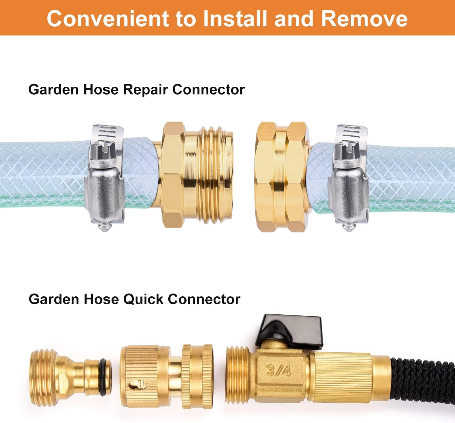 Kesfitt Garden Hose Quick Connector and Garden Hose Repair Connector Kit with Clamp， 3/4