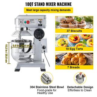 VEVOR Commercial Stand Mixer 10 qt. Dough Mixer Heavy Duty Silver Electric Food Mixer with 3-Speeds Adjustable 450 W DDSYJ10QT110VDXFJV1