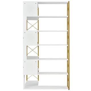 Angel Sar 37.40 in. Wide Golden and White Wood 7-Tier L-Shaped Bookcase Corner Bookcase with Metal Frame AD000273