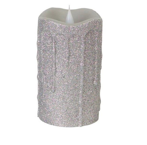 Glittered Flameless Led Lighted Christmas Pillar Candle Silver