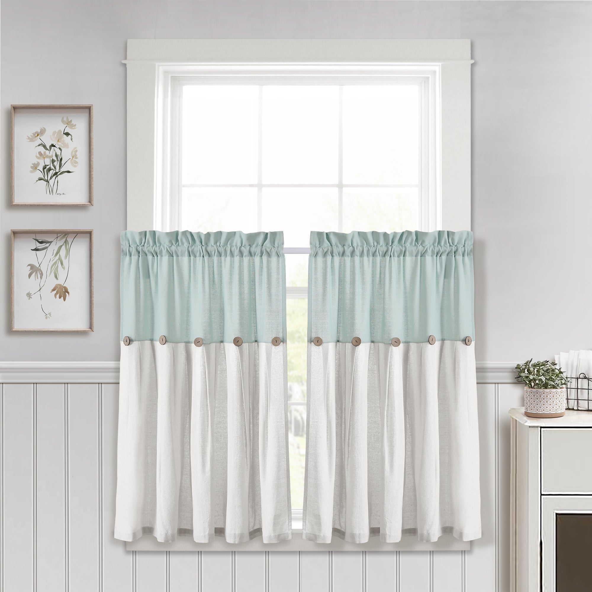 Linen Button Kitchen Window Tiers Set