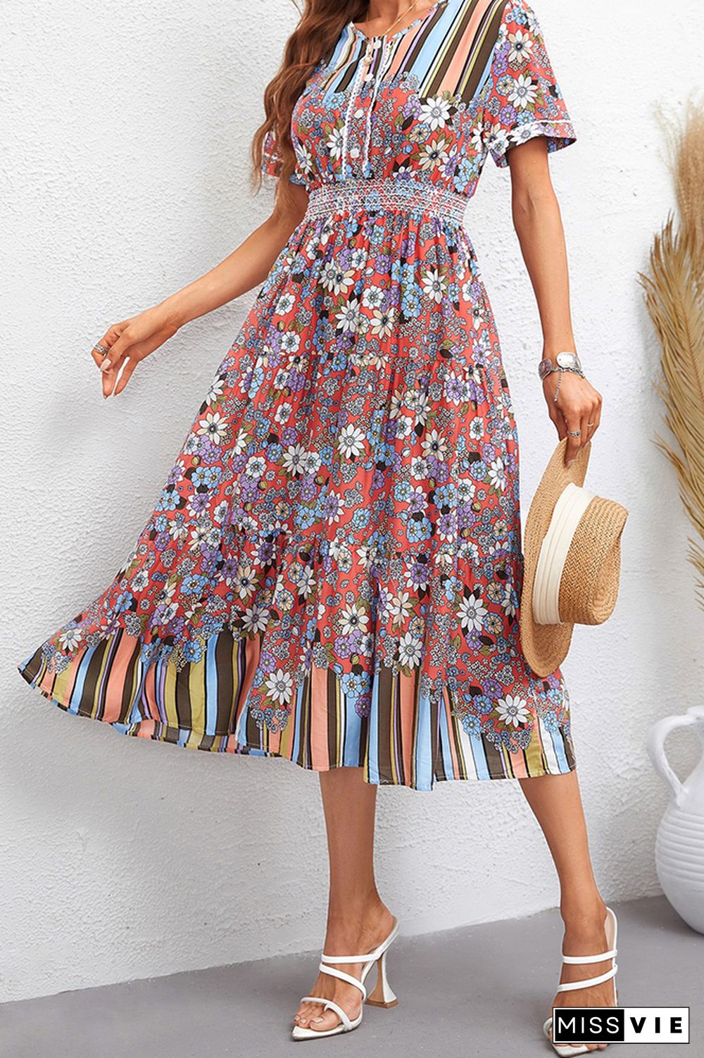 Flower And Stripes Printinig Patchwork Bohemia Dress