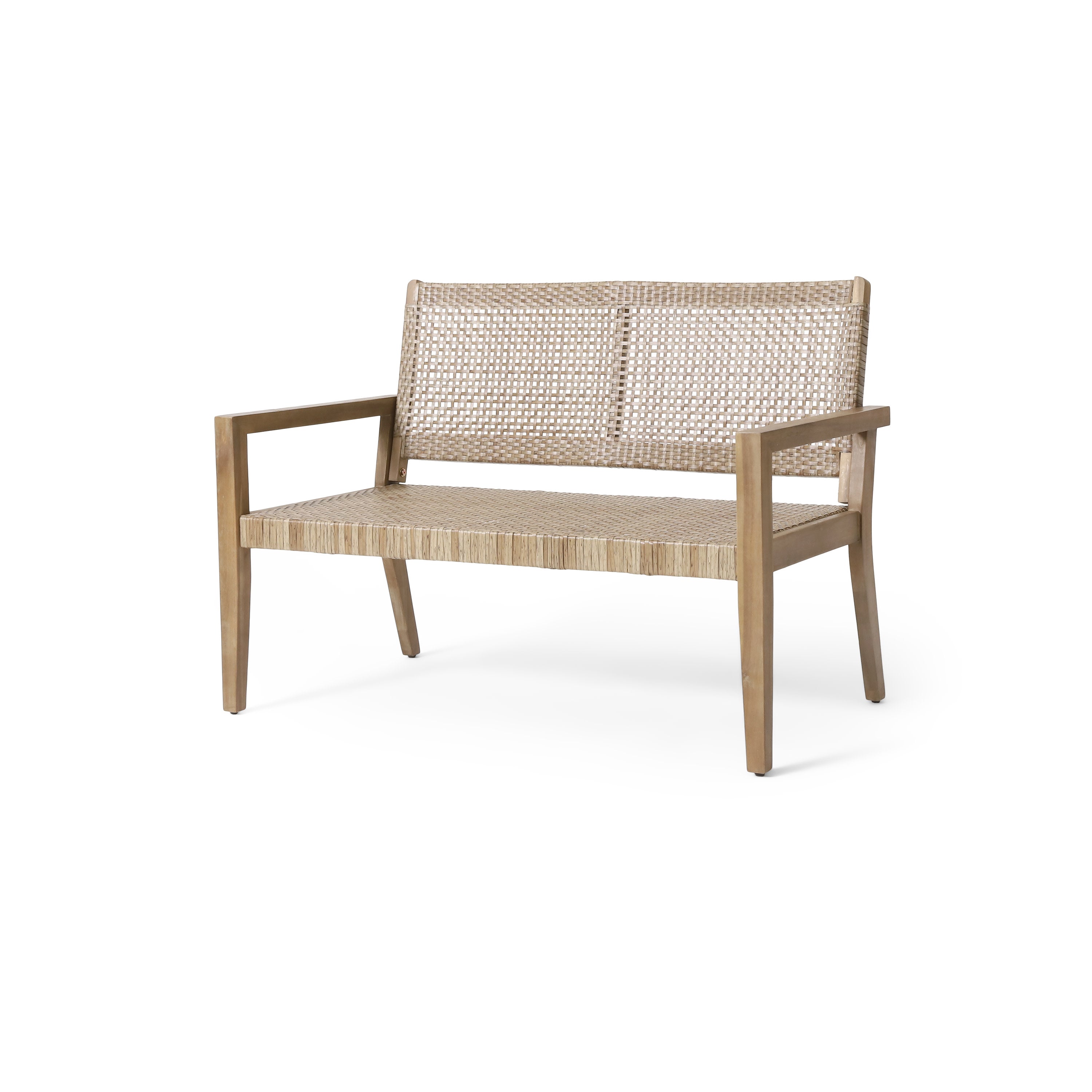 Elmcrest Outdoor Wicker and Acacia Wood Loveseat, Light Multibrown and Light Brown