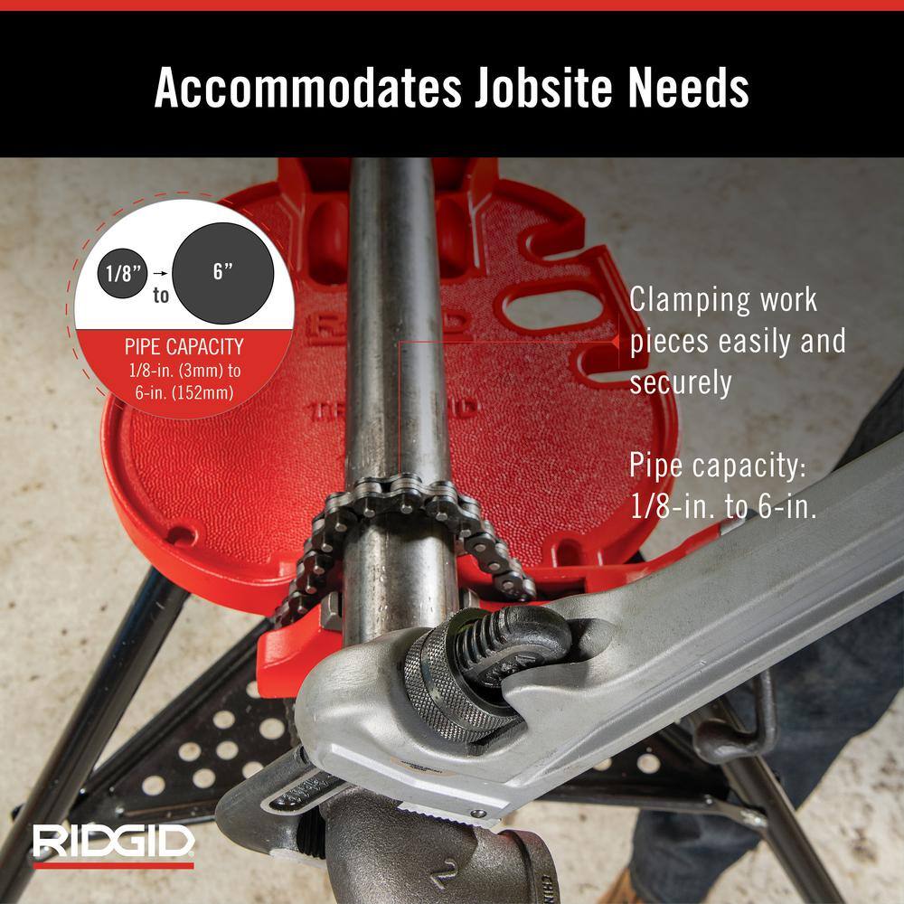 RIDGID 18 in. to 6 in. Pipe Capacity Portable TriStand Chain Vise with Integral Folding Legs  Tool Tray Model 460-A 36273