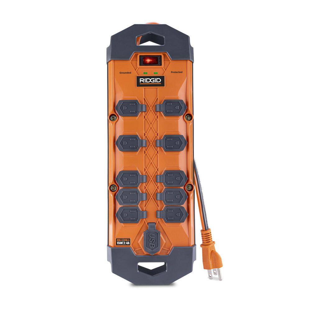 RIDGID 10 ft. Cord 10-Outlet 2.4 Amp USB-A 15-Watt USB-C 4200J Surge Protector RG1010UC