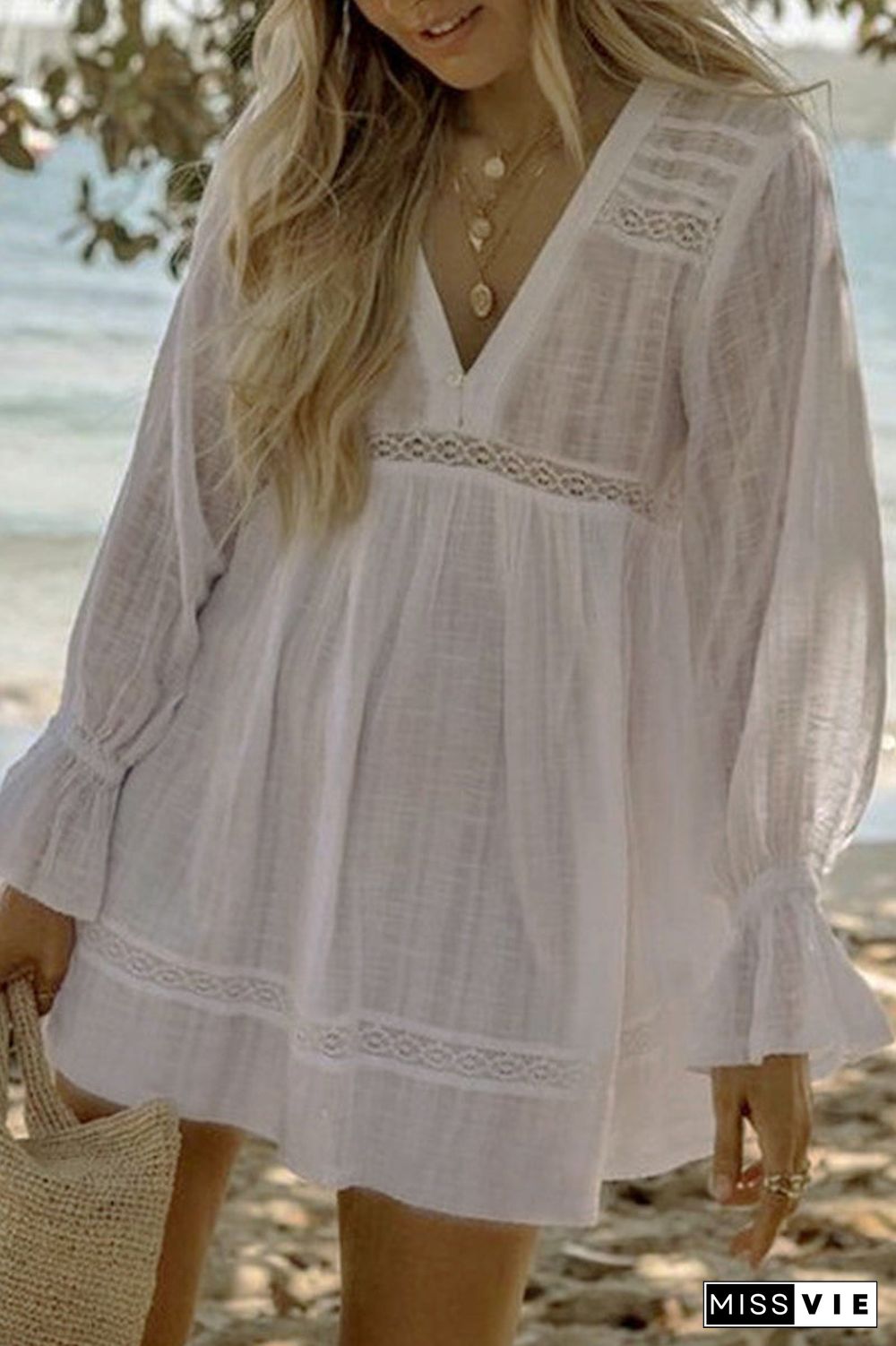 Lace Ruffled Patchwork V Neck Cover up