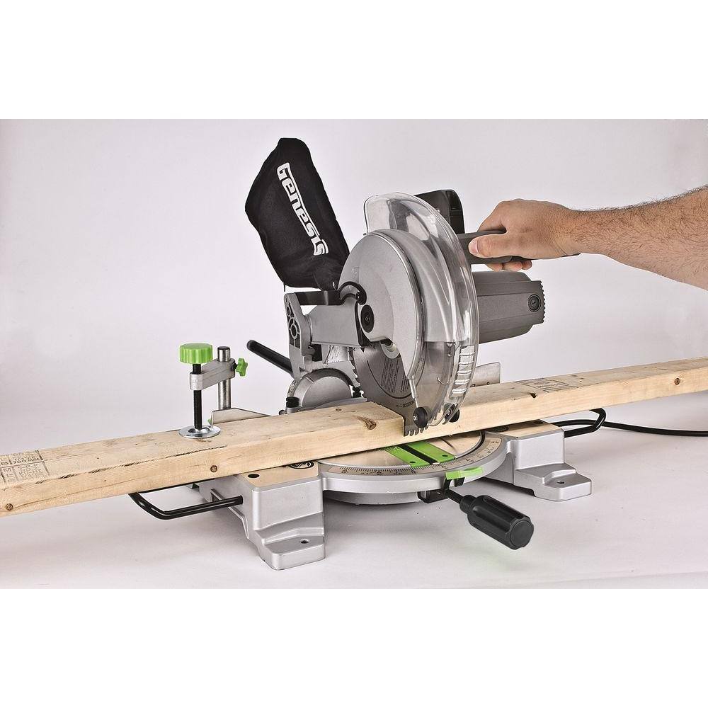 Genesis 15 Amp 10 in. Compound Miter Saw with Laser Guide 9 Positive Stops Clamp Dust Bag 2 Wings and Blade GMS1015LC