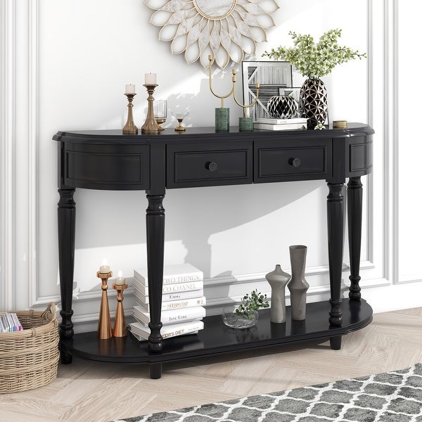 Retro Romanesque Style Curved Design Solid Wood Console Table， Entryway Table with 2 Top Drawers and Open Shelf for Living Room