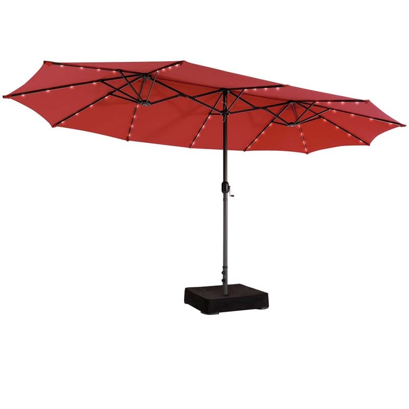 15 FT Double-Sided Patio Umbrella with 48 Solar Lights, Extra-Large Outdoor Twin Market Umbrella with Base