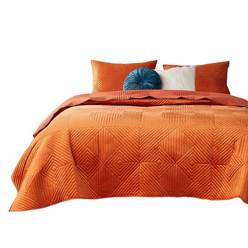 Ahab 2 Piece Velvet Twin Quilt Set， Diamond Quilting Design， Orange