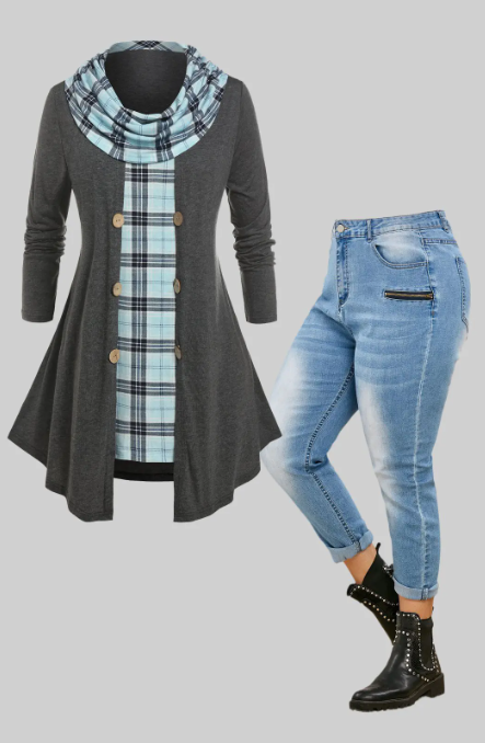 Fashion Plus Size Cowl Neck Plaid Top & Jeans Sets